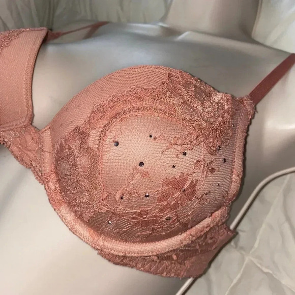 Victoria's Secret 32C DREAM ANGELS Glitter Pushup Champagne Bra Floral Lace Mesh - Picture 4 of 10